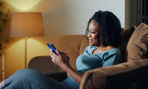 Phone, happy and black woman on a sofa with social media, joke or online comic in her home. Internet, meme and female relax in a living room while reading, browsing and enjoy streaming subscription photo