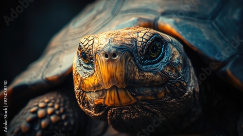 A close-up of a turtle's head emerging from its shell, with a focus on its textured skin and curious expression. photo