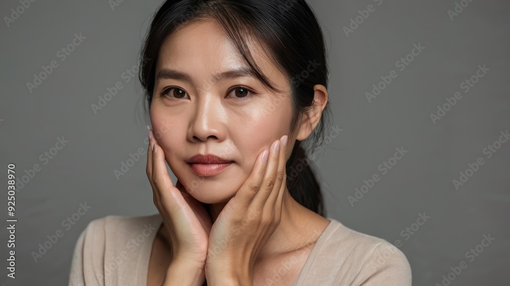 Beautiful asian woman touching her face is posing on grey background Beautiful asian woman touching her face is posing on grey background