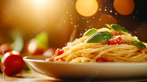 A plate of spaghetti with tomato sauce, parmesan cheese, and basil.