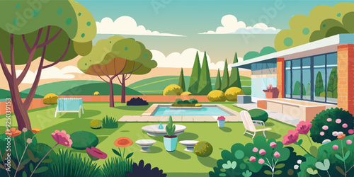 View of the backyard of the house with a clearing and trees. Terrace panorama, garden landscape with flowers
