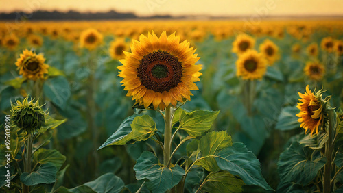 Close view of a sunflower with the rich green field stretching into the distance.