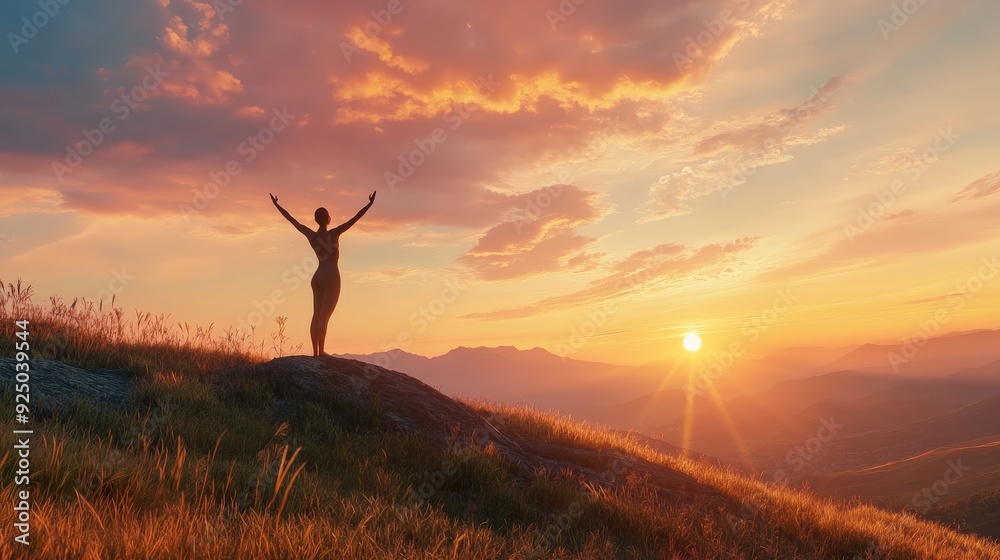 A person performs yoga, embracing the sunrise while surrounded by majestic mountains and vibrant skies A person performs yoga, embracing the sunrise while surrounded by majestic mountains and vibrant skies