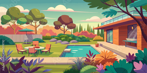 View of the backyard of the house with a clearing and trees. Terrace panorama, garden landscape with flowers
