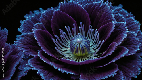 An artistic representation of a dark violet bioluminescent flower Illustration, illuminated by intricate laser Doppler vibrometry scanning lines.  photo