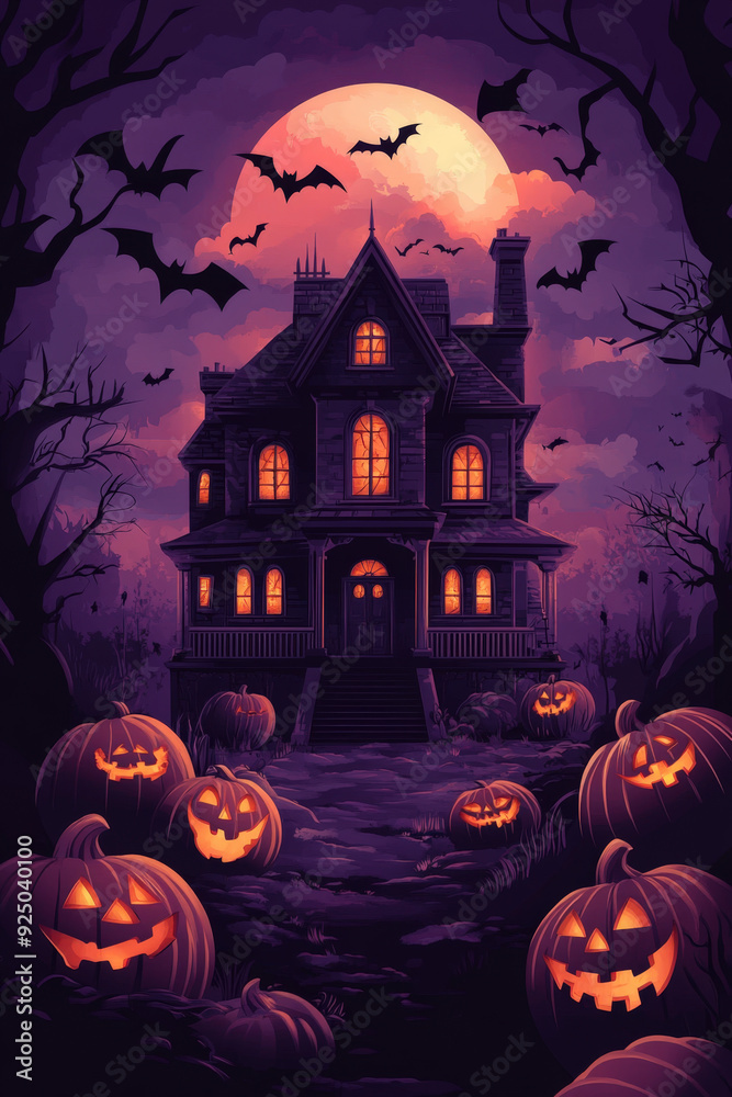 Fototapeta premium Spooky haunted house glowing under the full moon with carved pumpkins in the foreground and bats flying