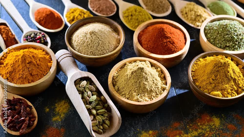 Variety of spices and herbs on the table Variety of spices and herbs on the table