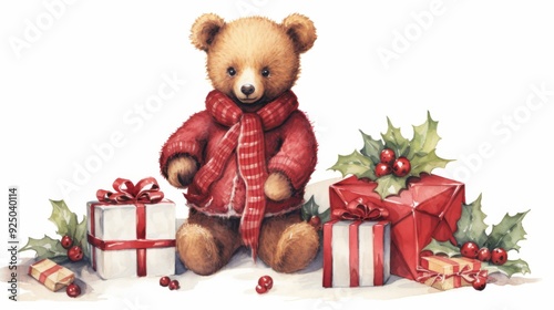 A cute teddy bear dressed in holiday attire, surrounded by beautifully wrapped gifts and festive holly, set in a snowy background, capturing the warmth of Christmas celebrations. photo