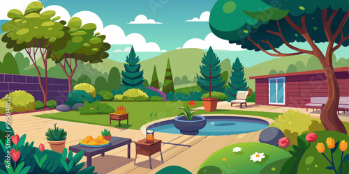 View of the backyard of the house with a clearing and trees. Terrace panorama, garden landscape with flowers
