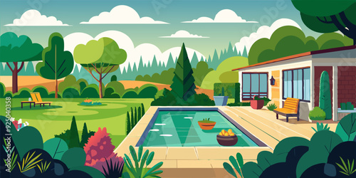 View of the backyard of the house with a clearing and trees. Terrace panorama, garden landscape with flowers
