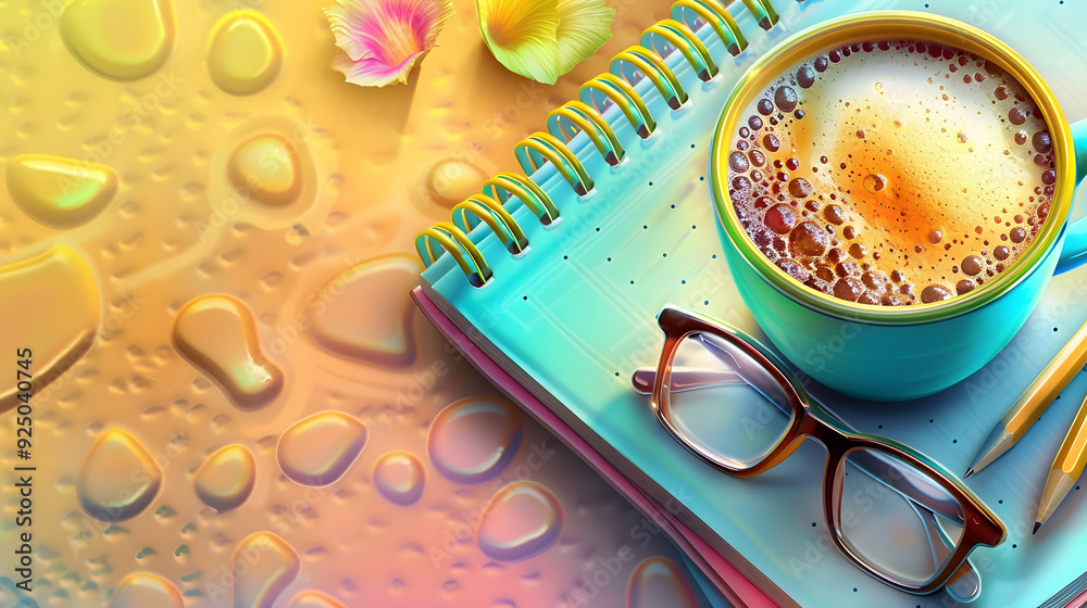 Cup of coffee, flowers, pen and paper on a wooden table. Greeting floral card. 