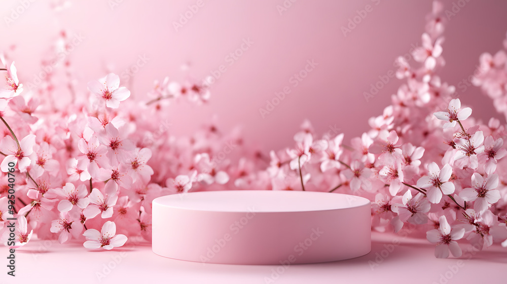 Delicate pink cherry blossom flowers and petals around the plate or podium, perfect for product showcase or display Delicate pink cherry blossom flowers and petals around the plate or podium, perfect for product showcase or display