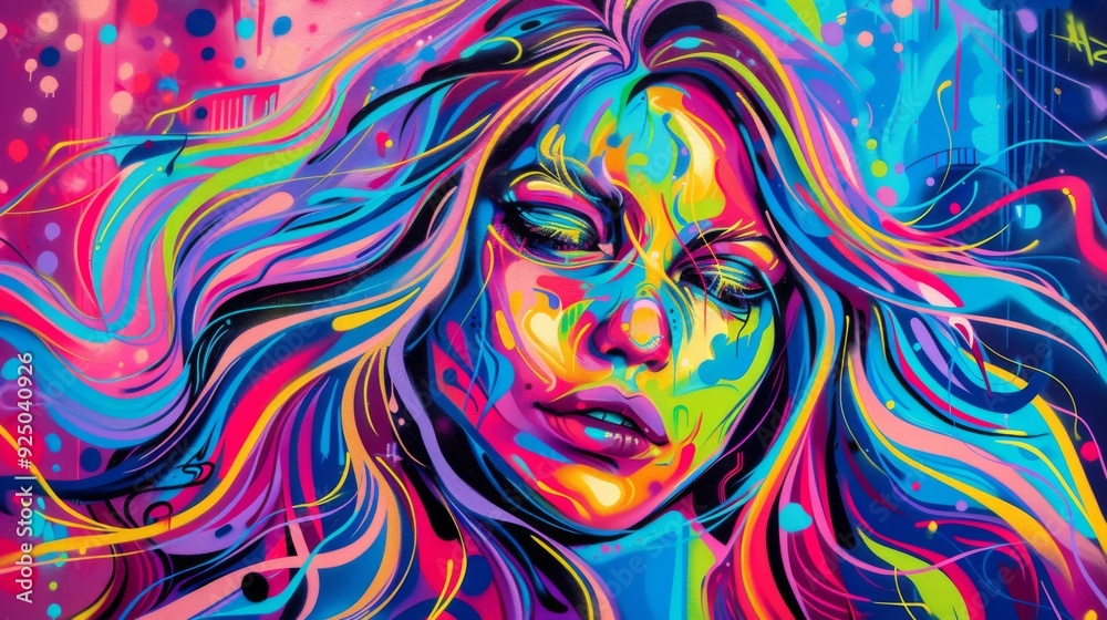 Colorful street art depicting a woman's face with intricate, vibrant hues and abstract patterns on a wall, radiating creativity and artistic expression. Colorful street art depicting a woman's face with intricate, vibrant hues and abstract patterns on a wall, radiating creativity and artistic expression.