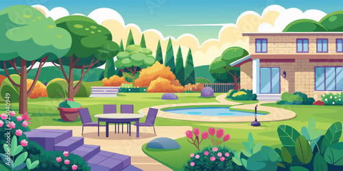 View of the backyard of the house with a clearing and trees. Terrace panorama, garden landscape with flowers
