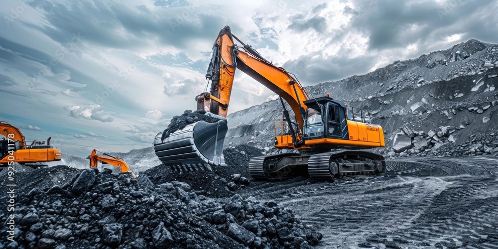 Coal Mining Operation Excavators Loading Coal for Power Generation Coal Mining Operation Excavators Loading Coal for Power Generation