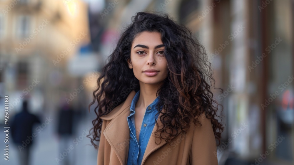 A woman with voluminous curly hair and a warm, brown coat poses in an urban environment, exuding sophistication, poise, and confidence against a backdrop of city life. A woman with voluminous curly hair and a warm, brown coat poses in an urban environment, exuding sophistication, poise, and confidence against a backdrop of city life.