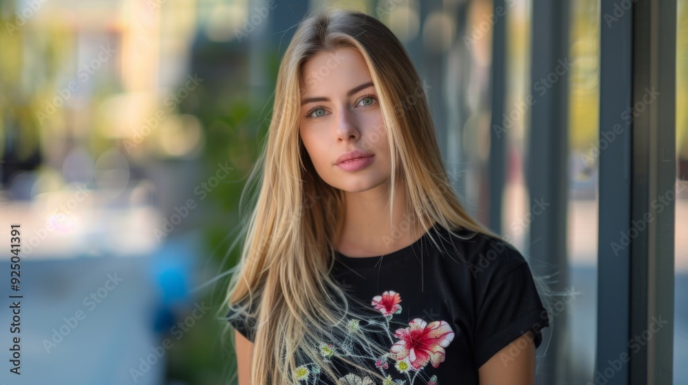 Naklejka premium A blonde woman wearing a black shirt with a floral pattern standing outside during the day, with a hint of natural background, showcasing confidence and natural beauty.