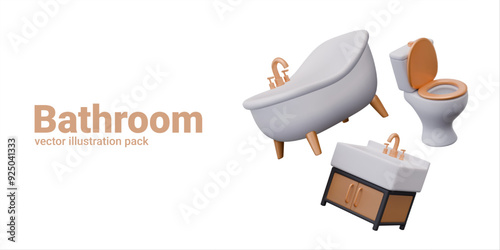 Luxurious white bathtub, washbasin with cabinet, toilet with seat and lid