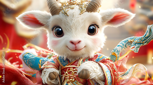 11. A charming lamb with big eyes, wearing exquisite Chinese mythology-themed clothing, elegantly framed by a rich red background, in HD 32K UHD  photo