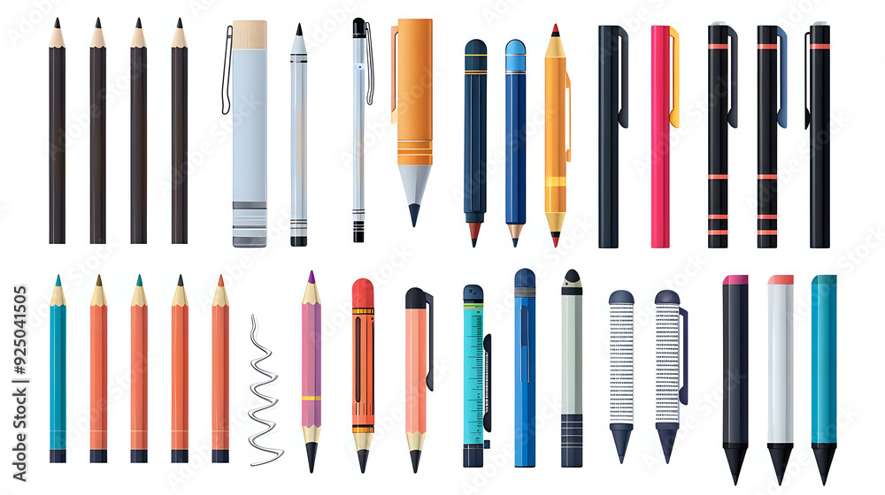 A vibrant row of pens and pencils in different colors and styles, symbolizing creativity and variety.