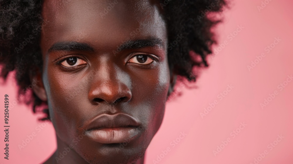 A close-up portrait of a man with an afro hairstyle, set against a vibrant pink backdrop. His intense expression and sharp features draw attention in this modern, artistic shot. A close-up portrait of a man with an afro hairstyle, set against a vibrant pink backdrop. His intense expression and sharp features draw attention in this modern, artistic shot.