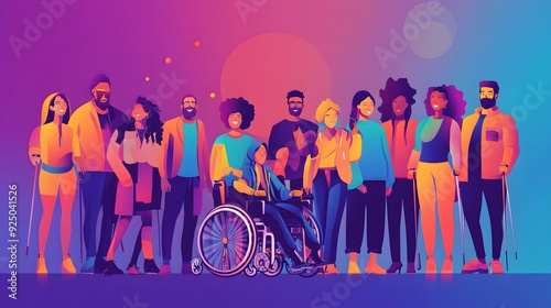 A diverse group of people standing together, including those using wheelchairs and crutches, depicted in a flat vector style with colorful abstract shapes and soft gradients