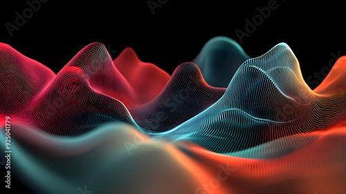 Floating 3d analog digital geometrical waves in teal and ruby color