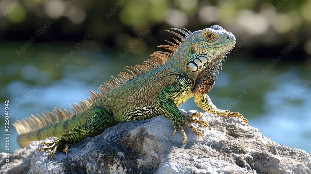 A green iguana basking in the sunlight on a rock, with its scaly skin and long tail, highlighting the reptile's natural habita A green iguana basking in the sunlight on a rock, with its scaly skin and long tail, highlighting the reptile's natural habita