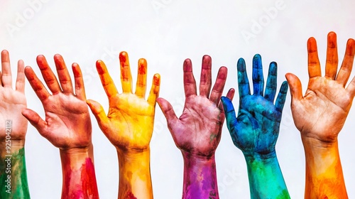 A child's and an adult's hands reaching up together in a gesture of help or voting, illustrated in a vector style
