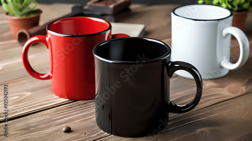 Three coffee mugs on a wooden table, one red, one black, and one white