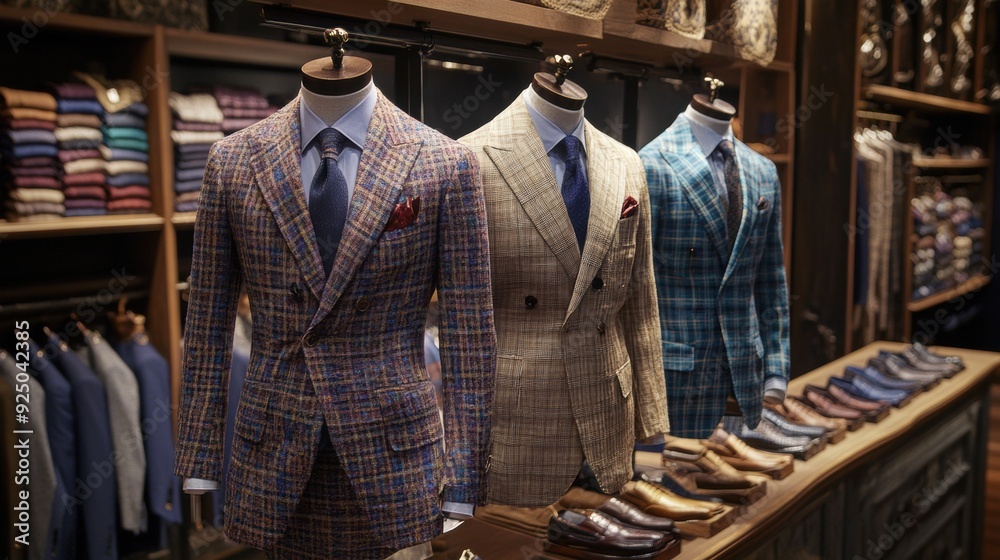 A display of a suit shop with three different suits on the wall, AI A display of a suit shop with three different suits on the wall, AI
