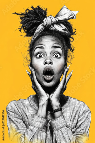 Surprised Black Woman. Generated image. A digital illustration of a surprised black woman with a shocked expression. Portrait, pop art, line art in ink.