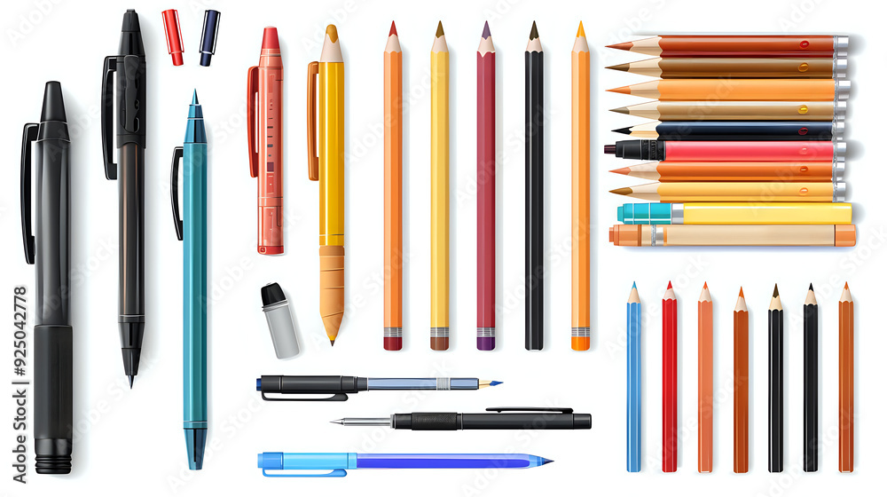 Fototapeta premium Pens and pencils in diverse colors and sizes, neatly arranged in a row, embodying creativity and organization.