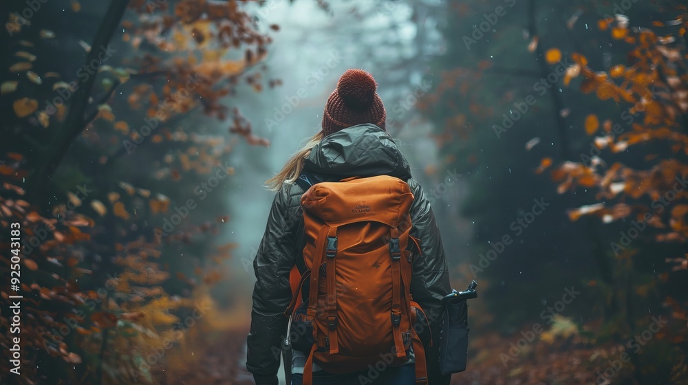 Solo Hiker in Misty Autumn Forest Solo Hiker in Misty Autumn Forest