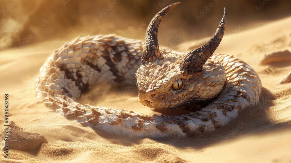 Obraz premium A horned viper coiled in the sand, with its horns raised and eyes fixed on the horizon, ready to strike.