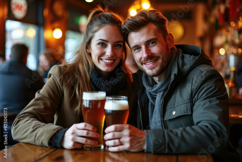 A couple looking at the camera while drinking beer together in a cosy pub. photo