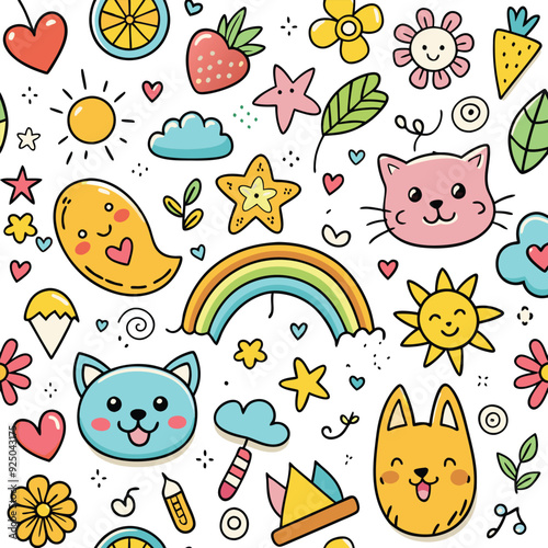 Seamless pattern featuring playful hand-drawn icons such as a cheerful sun, blooming flower, heart, cute cat, happy dog, colorful rainbow, fluffy cloud, and smiling faces. These elements create a whim