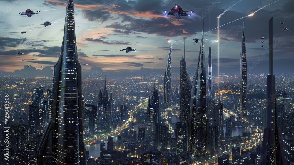 Obraz premium Futuristic Cityscape with Flying Cars