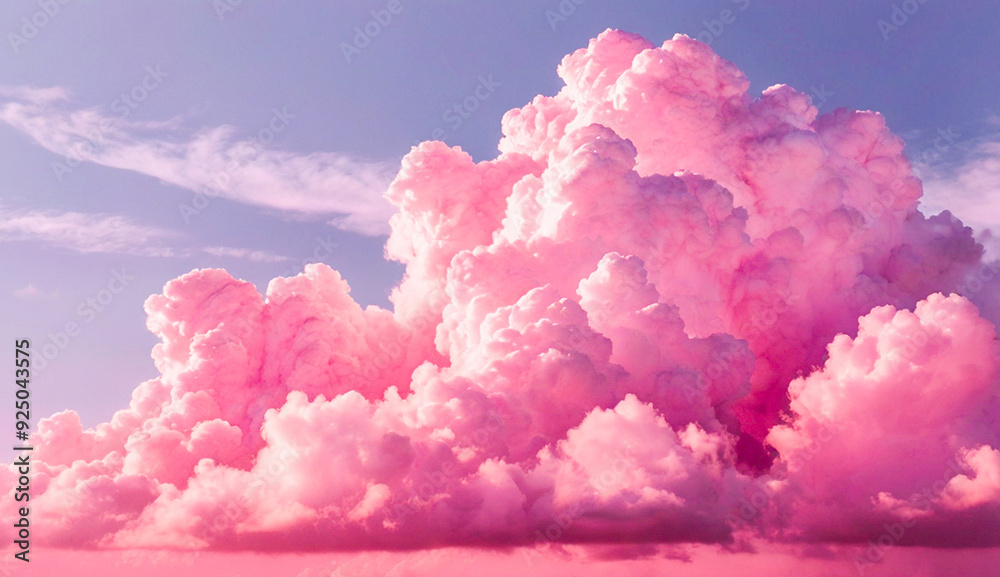 A vibrant sky filled with fluffy pink clouds, evoking a dreamy, surreal atmosphere with soft pastel tones blending seamlessly into the horizon.