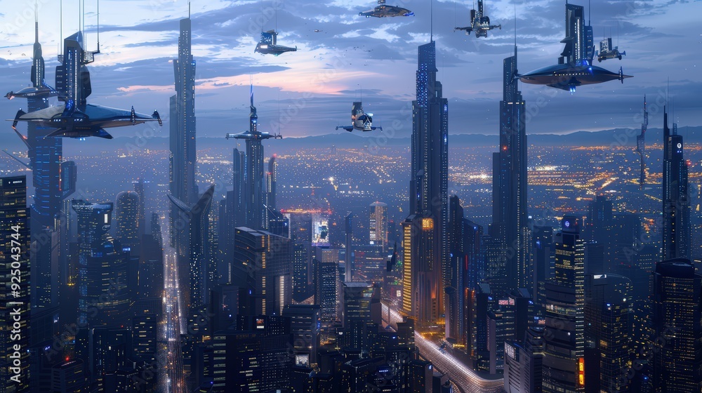 Futuristic Cityscape with Flying Vehicles Futuristic Cityscape with Flying Vehicles