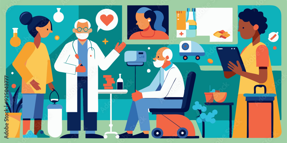 Set of medical care scenes. Doctor and patient, ultrasound examination, caring for the elderly
Set of medical care scenes. Doctor and patient, ultrasound examination, caring for the elderly
