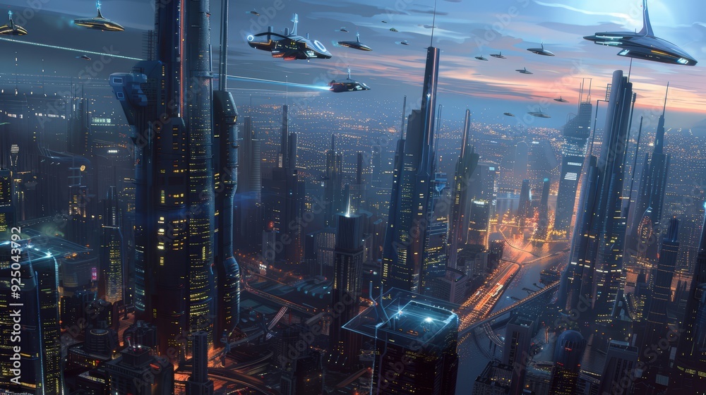 Naklejka premium Futuristic Cityscape with Flying Vehicles