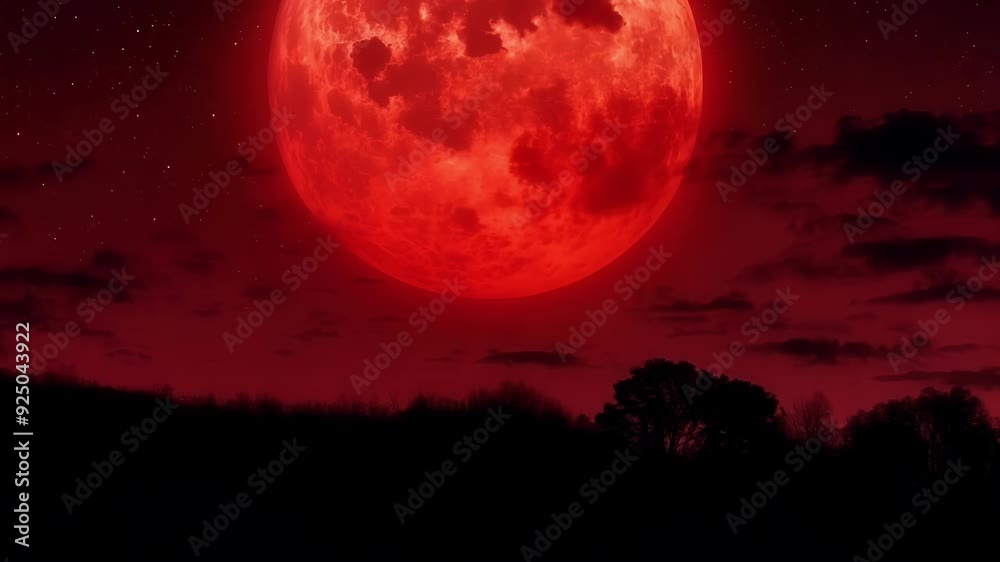 Spooky red moon rises over a dark forest, casting an eerie glow on the landscape, perfect for a horror movie scene on a scary halloween night Spooky red moon rises over a dark forest, casting an eerie glow on the landscape, perfect for a horror movie scene on a scary halloween night