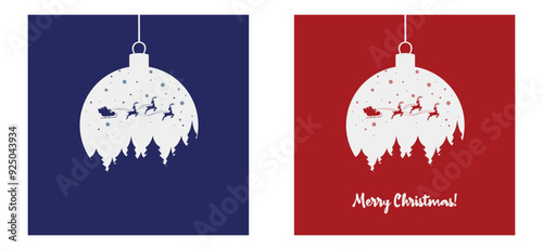 Set of vector greeting cards Christmas ball design of Santa Claus flies in a sleigh with reindeer over the forest and Christmas trees blue and red background. 