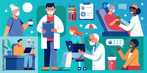 Set of medical care scenes. Doctor and patient, ultrasound examination, caring for the elderly
