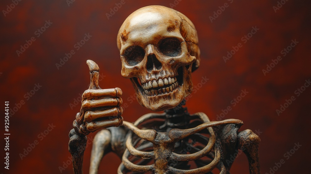 Skeleton thumb up on red background Skeleton thumb up on red background