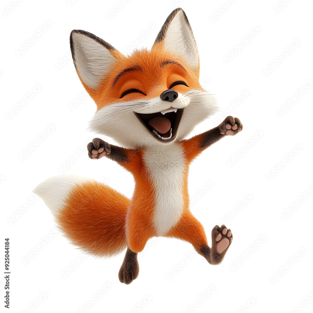 Fototapeta premium Joyful Cartoon Kit Fox Jumping with Happiness on Plain White Background Transparent PNG