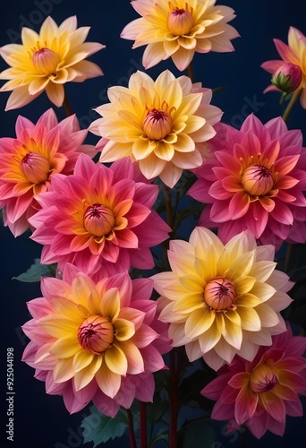 Colorful dahlia flowers blooming against a dark blue background