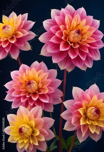 Colorful dahlia flowers blooming against a dark blue background