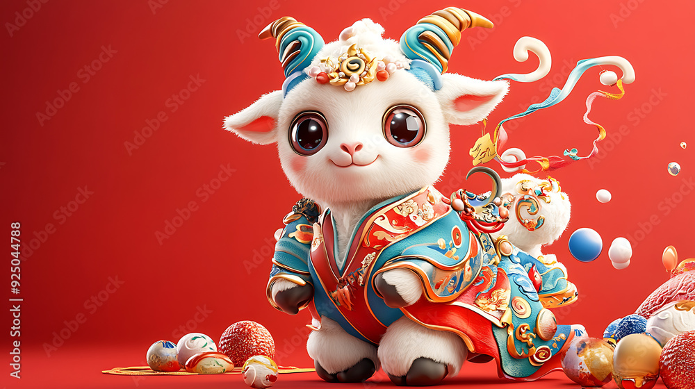 5. An adorable lamb with big eyes, adorned in detailed Chinese mythology-inspired clothing, elegantly poised on a red background, rendered in high definition 